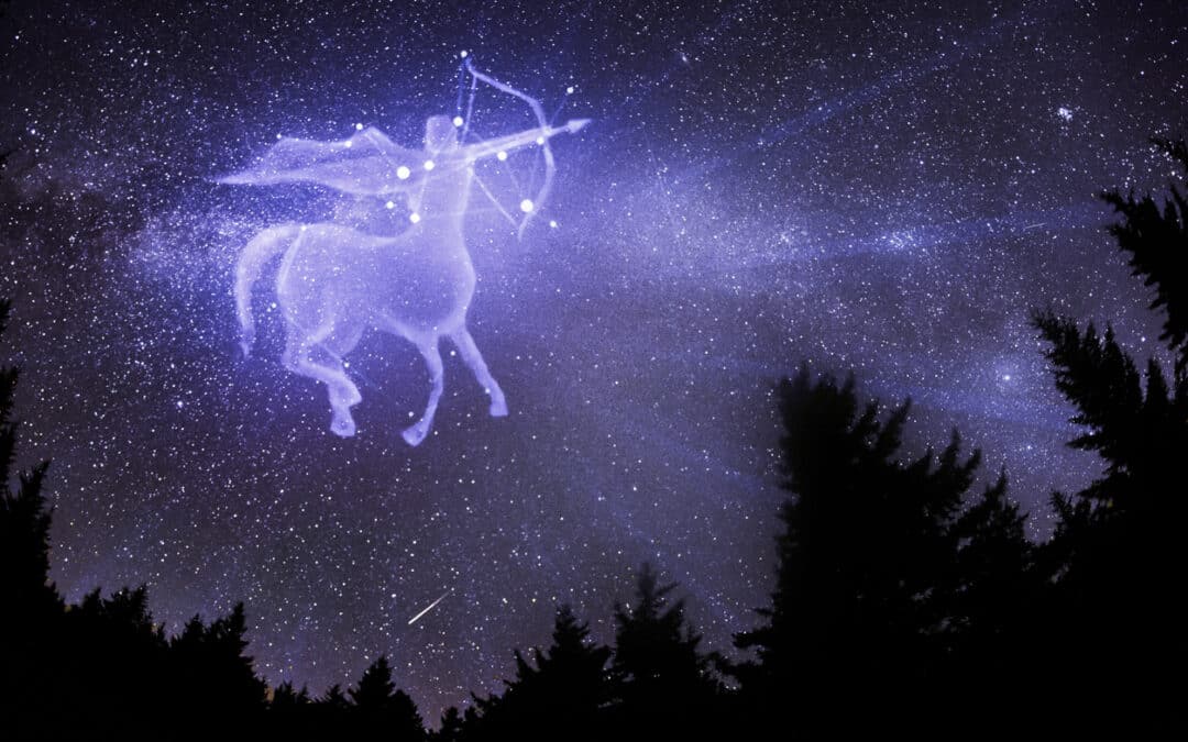 Sagittarius zodiac sign. Archer centaur shoots a bow, horoscope astrology icon, Greek mythology. Elements of this image furnished by NASA.